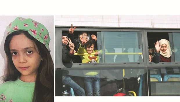 LEFT: Seven-year-old Bana al-Abed.  RIGHT: Syrians who were evacuated from Fuaa and Kafraya, two Shia villages under rebel-siege on the northern outskirts of Idlib wave and flash the sign for victory as they arrive in Jibrin on the eastern outskirts of Aleppo yesterday.
