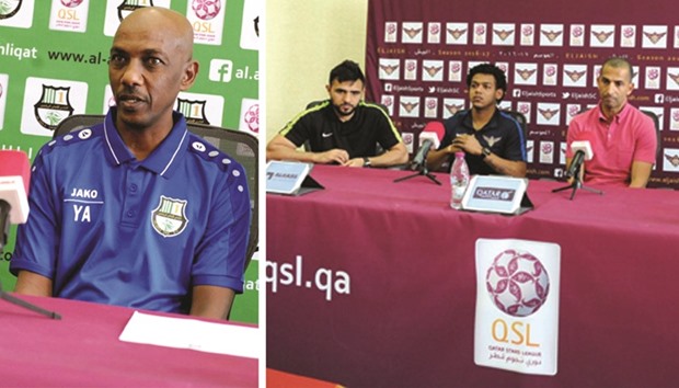 Ahliu2019s coach Yusef Adam.  Right photo: El Jaish's coach Sabri Lamouchi (right) speaks at a press conference yesterday.