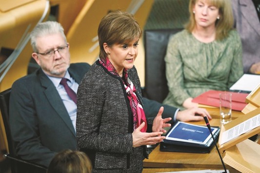 Scotlandu2019s First Minister Nicola Sturgeon delivers a statement on Brexit during a session of Scotlandu2019s Parliament at Holyrood in Edinburgh yesterday.