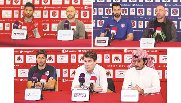 TOP LEFT PHOTO: Lekhwiyau2019s head coach Djamel Belmadi (right) attends a press conference yesterday.  TOP RIGHT PHOTO: Al Shahania head coach Jose Fernando (right).  BELOW PHOTO: Rayyan coach Michael Laudrup (centre) speaks to the media ahead of his teamu2019s game against Al Khor.
