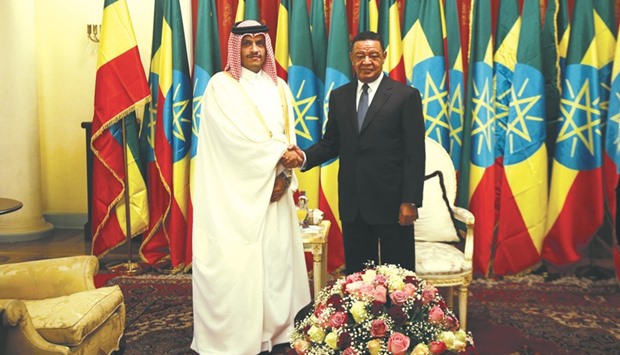 HE the Foreign Minister Sheikh Mohamed bin Abdulrahman al-Thani being received by Ethiopian President Mulatu Teshome in Addis Ababa yesterday.