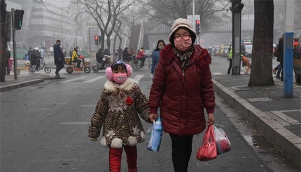 A young girl walks along a road with a relative on a heavily polluted day in Shijiazhuang, in northern China's Hebei province, on Wednesday.