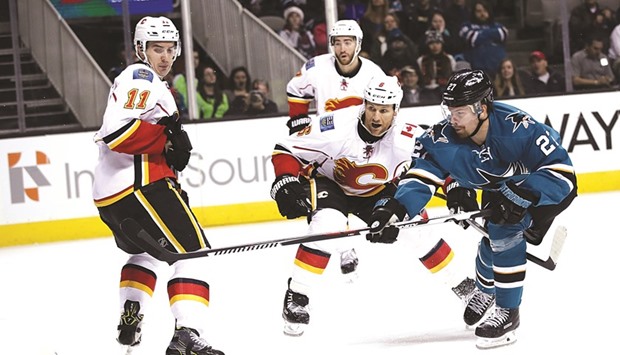 Joonas Donskoi (R) of the San Jose Sharks scores his second goal against the Calgary Flames at SAP Center in San Jose, California. (Getty Images/AFP