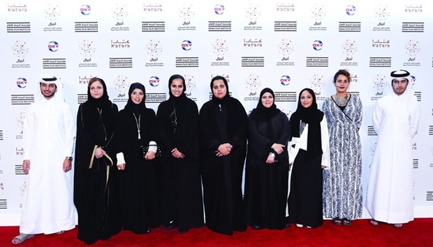 Qatar-based filmmakers Khalifa al-Marri, Hend Fakhroo, Aisha al-Muhannadi, AJ al-Thani, Nora al-Subai, Fatma al-Ghanim, Suzannah Mirghani and Jassim al-Remaihi are seen with DFI CEO and festival director Fatma al-Remaihi. PICTURE: Tim P Whitby/Getty Images