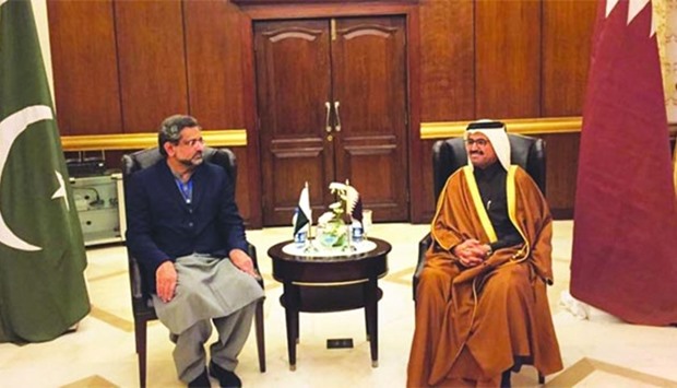 HE the Minister of Energy and Industry Dr Mohamed bin Saleh al-Sada meets Pakistan's Minister for Petroleum and Natural Resources Shahid Khaqan Abbasi.