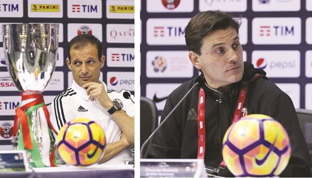 Juventusu2019 coach Massimiliano Allegri and his AC Milan counterpart Vincenzo Montella  pictured at their press conferences yesterday ahead of todayu2019s Italian Super Cup match at the Al Sadd Stadium in Doha. The match will begin at 7.30pm.