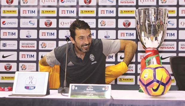 Juventus and Italian goalkeeping legend Gianluigi Buffon in a happy mood while speaking to the media in Doha yesterday.