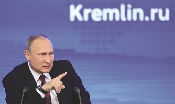 Russian President Vladimir Putin speaks during his annual press conference in Moscow yesterday.