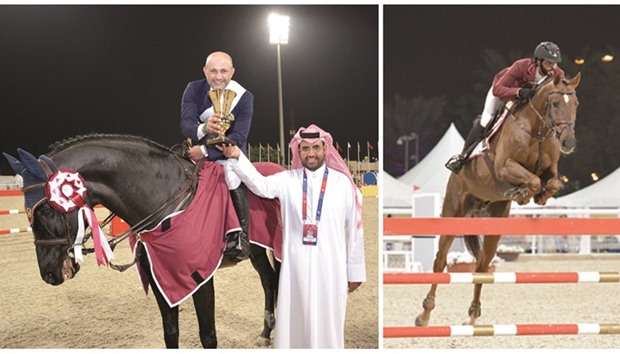 LEFT: Saudi Arabiau2019s Ramzy Hamad al-Duhami rode Garlic VH Kapelhof to victory in the 145cm (Table A, One round against the clock, Art. 238.2.1) event in the Qatar International Show Jumping Championship yesterday.   RIGHT: Mubarak Yousuf al-Rumaihi guides Vivaldi K to victory in the 135cm (One round against the clock with jump-off) event yesterday. PICTURES: Lotfi Garsi