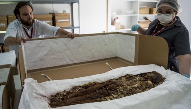 Chilean anthropologist Veronica Silva shows one of the mummies from the ancient Chinchorro culture