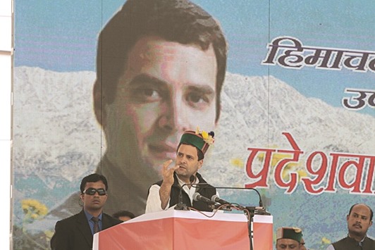 Congress Vice President Rahul Gandhi speaks at a public rally in Dharamshala yesterday.