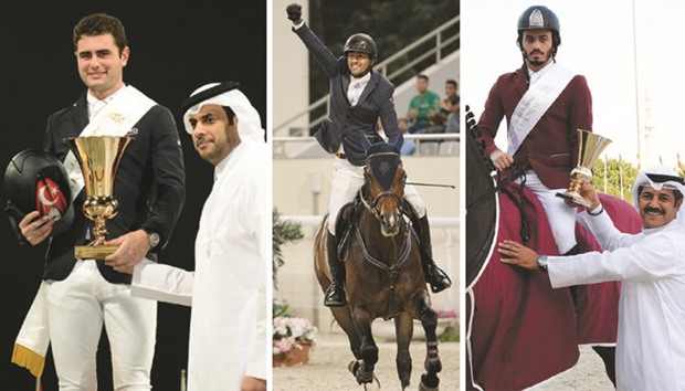 LEFT: Derin Demirsoy of Turkey receives his trophy from Hamad bin Abdulrahman al-Attiyah, president of the Qatar Equestrian Federation, after winning the feature event at the Qatar International Show Jumping Championships yesterday.  CENTRE: Kuwaitu2019s Ali al-Khorafi celebrates atop his horse Cheril after winning the One Round + Winning Round 145cm competition.  RIGHT: Qataru2019s Saeed Nasser al-Qadi receives his trophy after winning the Table A. One round against the clock event.
