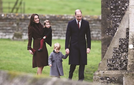 Prince William, Duke of Cambridge and Catherine, Duchess of Cambridge arrive with Prince George and Princess Charlotte to attend a service at St Marku2019s church in Englefield yesterday.