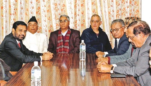 Nepali Congress senior leaders taking part in a meeting of party office-bearers and lawmakers in Kathmandu.