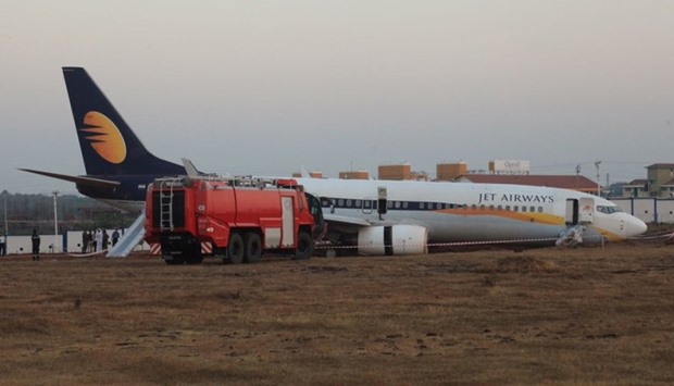 A Jet Airways aircraft is seen after it skidded off the runway before takeoff at an airport in Goa