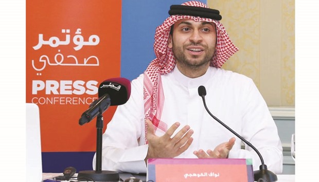 Nawaf Alkoheji speaking at a press conference in Doha yesterday.
