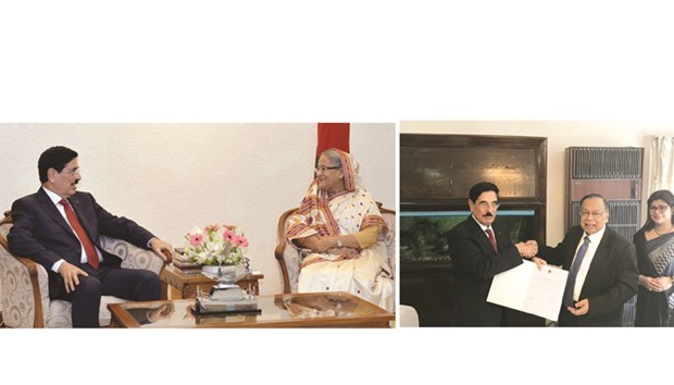 HE Dr Hamad bin Abdulaziz al-Kuwari with Bangladeshu2019s Prime Minister Sheikh Hasina yesterday in Dhaka.  RIGHT: HE al-Kuwari with Bangladeshu2019s Foreign Minister Abul Hassan Mahmood Ali.