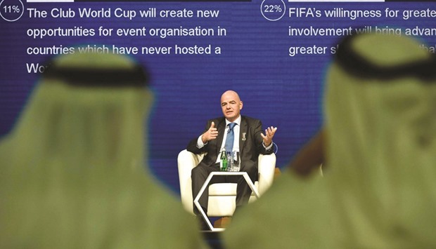 FIFA President, Gianni Infantino, talks  during the Dubai international Sports conference at Madinat Jumeirah in Dubai yesterday.