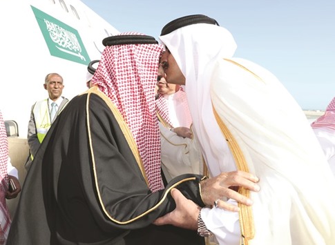 HH the Emir Sheikh Tamim bin Hamad al-Thani greeting the Custodian of the Two Holy Mosques King Salman bin Abdulaziz al-Saud of Saudi Arabia during his historic visit to Qatar early this month.