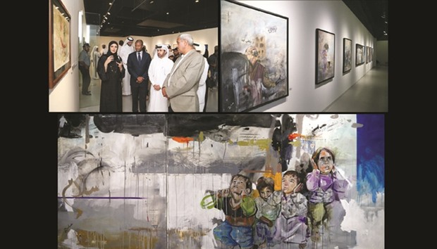 TOP LEFT: Qatari artist Jamila al-Ansari briefs Dr Khalid bin Ibrahim al-Sulaiti and other dignitaries about her paintings at the exhibition.  TOP RIGHT: Some of the paintings by al-Ansari at the exhibition.  BELOW: The exhibition revolves around the theme of peace.
