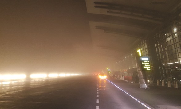 Fog outside the Hamad International Airport departures terminal around Tuesday midnight: PICTURE: Bonnie James