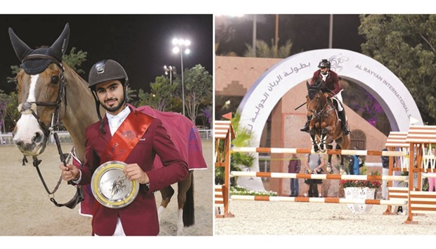Qataru2019s Nasser al-Ghazali poses with his horse Delloren after he won the 145cm class, the main event on the opening day of the Al Rayyan International Show Jumping Championship at the Qatar Equestrian Federationu2019s Main Arena yesterday.  RIGHT: Qataru2019s Rashid Towaim al-Marri astride Dolce Vita M gallops to victory in the 130/135cm class at the Al Rayyan International Show Jumping Championship. PICTURES: Lotfi Garsi