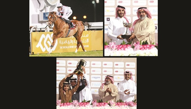 Jockey Adrie de Vries rides Noor Al Hawa to victory in the Qatar Derby (Gr1) at the QREC yesterday. At right, HE Chief of Staff of the Qatari Armed Forces Lieutenant-General Ghanim bin Shaheen al-Ghanim (right) presents the trophy to Maseela race winner Faleh Bughanaim. At bottom, Al Wasmiyah Farm representatives celebrate with the trophy in the presence of HE Chief of Staff of the Qatari Armed Forces Lieutenant-General Ghanim bin Shaheen al-Ghanim and Qatar Racing and Equestrian Club chairman Issa bin Mohammed al-Mohannadi after Noor Al Hawa won the Qatar Derby (Gr1). PICTURES: Juhaim