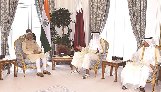 HH the Emir Sheikh Tamim bin Hamad al-Thani and HE the Prime Minister Sheikh Abdullah bin Nasser bin Khalifa al-Thani holding talks with Indian Prime Minister Narendra Modi during the latteru2019s visit to Doha in June 2016.