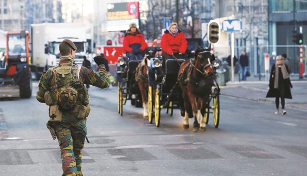 A Belgian soldier patrols ahead of New Yearu2019s celebrations in central Brussels.