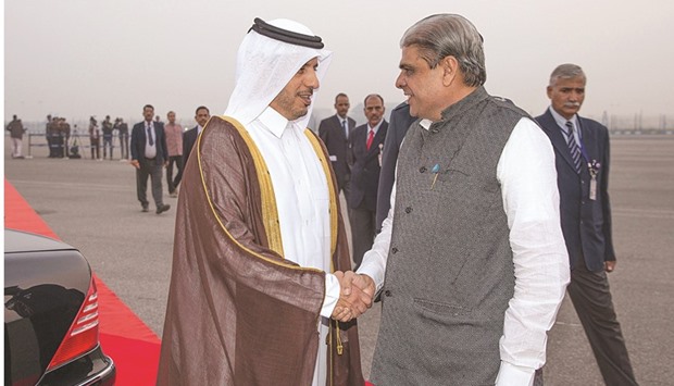 HE the Prime Minister and Interior Minister Sheikh Abdullah bin Nasser bin Khalifa al-Thani is being greeted upon arrival at the air base airport in New Delhi yesterday by Indiau2019s Minister of Micro, Small and Medium Enterprises Shri Haribhai Parthibhai Chaudhary. Also present were Commander of the Air Forces of the Republic of India C K Kumar, Qataru2019s Ambassador to India Mohamed bin Khater al-Khater, HE Indiau2019s Ambassador to Qatar P Kumaran as well as a number of Arab ambassadors accredited to India, and the members of the Qatari embassy.