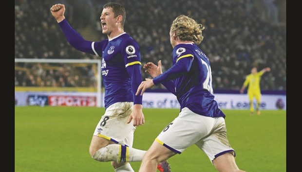 Evertonu2019s Ross Barkley (left) after scoring the teamu2019s second goal during the EPL match against Hull City in Kingston upon Hull, England, on Friday. (AFP)