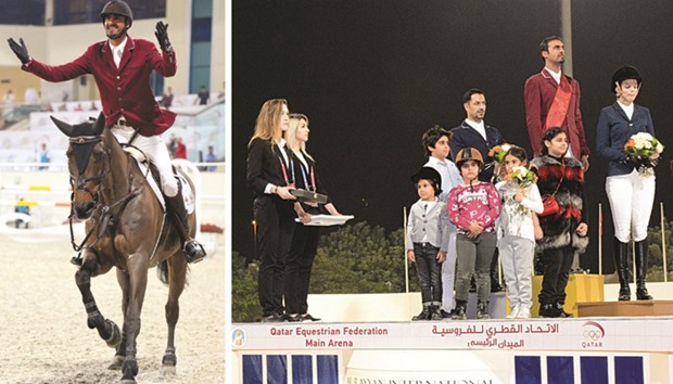 Sheikh Ali al-Thani gestures as he rides Carolina to victory in the feature event of the Al Rayyan International Show Jumping Championship yesterday. At right, Sheikh Ali with family members on the podium.