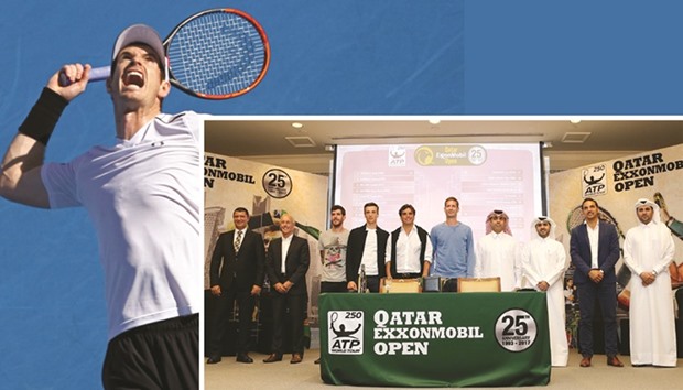 (LEFT) Andy Murray, who will be playing the Qatar ExxonMobil Open, has been honoured with a knighthood by Great Britain. (RIGHT) ALL SET: Players,and officials pose during the draw of the Qatar ExxonMobil Open in Doha yesterday.