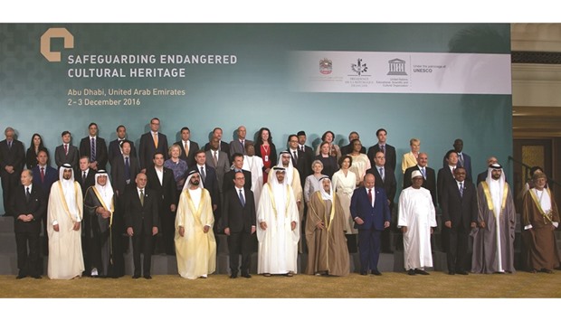 HH Sheikh Jassim bin Hamad al-Thani, Personal Representative of HH the Emir, with other dignitaries at the closing session of the two-day Conference on Safeguarding Endangered Cultural Heritage, held in Abu Dhabi.