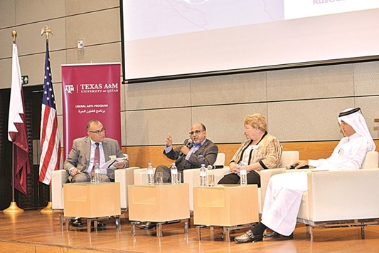 Seetharaman speaking at a panel discussion at the HBKU Students Centre in the Education City.