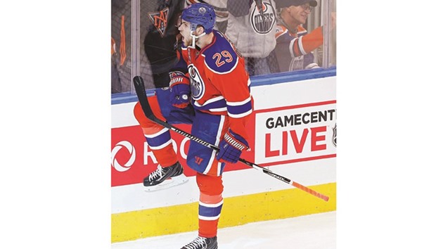 Edmonton Oilers forward Leon Draisaitl (29) celebrates his winning goal against the Anaheim Ducks.