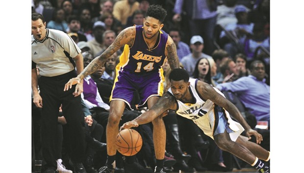  Los Angeles Lakers forward Brandon Ingram (14) and Memphis Grizzlies guard Troy Daniels (30) compete for the ball during the second half.