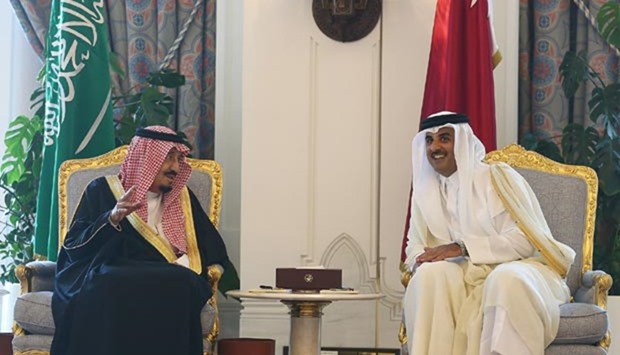 HH the Emir Sheikh Tamim bin Hamad al-Thani is pictured with the Custodian of the Two Holy Mosques King Salman bin Abdulaziz al-Saud of Saudi Arabia in Doha on Monday.