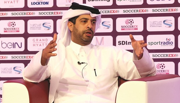 Assistant secretary general of the Supreme Committee for Delivery and Legacy Nasser al-Khater speaking at Soccerex yesterday.