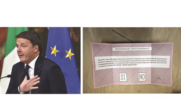 (Left photo) Renzi: I take full responsibility for the defeat.   (Right photo) A picture shows a ballot with a cross on the u2018NOu2019 during the counting of the vote for a referendum on constitutional reforms, late on Sunday in a polling station in Saluzzo, near Turin. Italian voters on Sunday overwhelmingly rejected constitutional reform proposals on which Prime Minister Renzi has staked his political future.