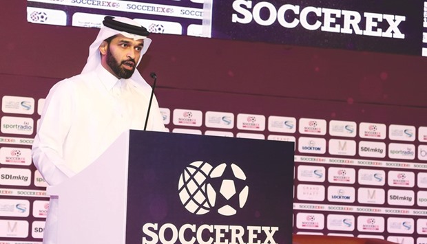 Supreme Committee Secretary-General Hassan al-Thawadi speaking at the Soccerex Asian Forum in Doha yesterday.