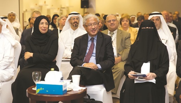 HE Dr Hanan Mohamed al-Kuwari is seen with Dr Victor Dzau, president, National Academy of Medicine and Dr Mariam Abdul Malik, managing director, PHCC.