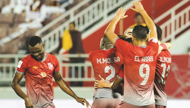 Lekhwiya players celebrate a goal against El Jaish during their Qatar Stars League match yesterday. PICTURE: Shemeer Rasheed