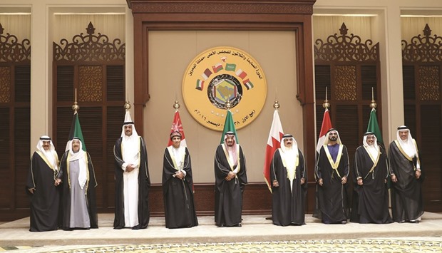 GCC leaders posing for a group picture during the GCC Summit in the Bahraini capital Manama yesterday.