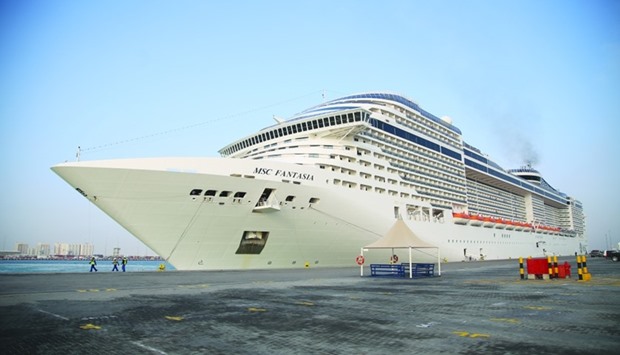 Mega cruise ship MSC Fantasia docks at Doha Port.