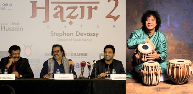 COLLABORATION: Hariharan, centre, with Music Lounge director Stephen Devassy, right, at the media confrence held yesterday. Photo by Umer Nangiana. Right: Ustad Zakir Hussain