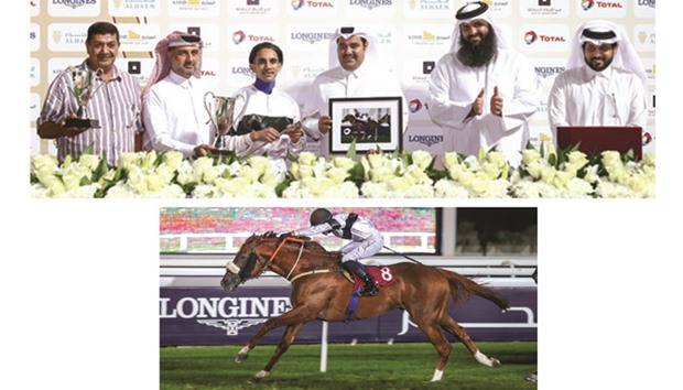 Qatar Racing and Equestrian Club general manager Nasser Sherida al-Kaabi (right) and Nasser Ibrahim al-Mohannadi pose with the winners of the Al Khor Cup after Fort Moville won the 2000m race yesterday.   Bottom photo: Jockey Saleem Golam rides Fort Moville to victory in the Al Khor Cup yesterday. PICTURES: Juhaim