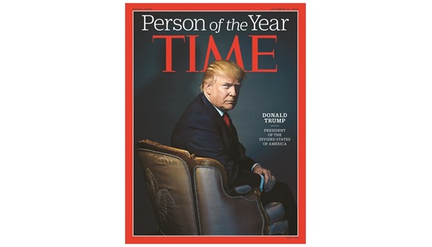 This photo obtained December 7, 2016 courtesy of TIME shows US President-elect Donald Trump as Person of the Year cover. Time magazine on Wednesday named Donald Trump its u201cPerson of the Yearu201d for 2016 for his stunning upset election victory that rewrote the rules of politics, delivering him to the helm of a divided America.The president-elect dialed into NBC televisionu2019s Today show, welcoming the accolade as a u201cvery, very great honor,u201d denying he was responsible for divisions and praising outgoing Democratic President Barack Obama.