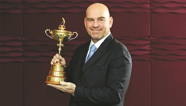 Denmarku2019s Thomas Bjorn poses with the trophy after being appointed as the European Ryder Cup captain for 2018. (Reuters)