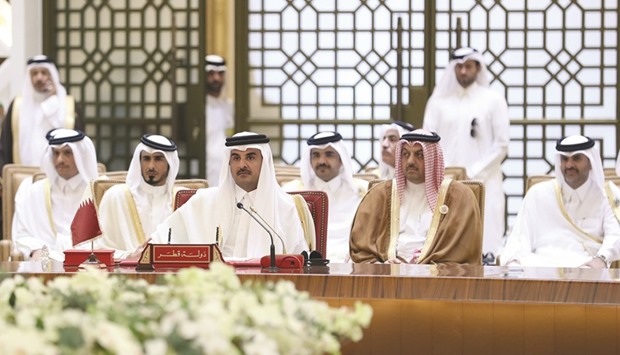 HH the Emir Sheikh Tamim bin Hamad al-Thani participating yesterday in the closing session of the 37th GCC Supreme Council summit at Sakhir Palace in Manama. The meeting was attended by HH Sheikh Jassim bin Hamad al-Thani, Personal Representative of HH the Emir, and Their Excellencies members of the official delegation.